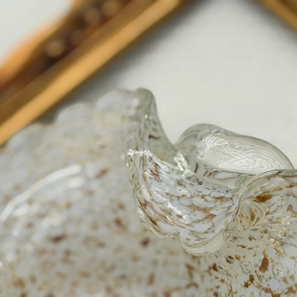 Vintage Hand Blown Art Glass Ruffled Bowl White Gold Fleck Splatter Murano Style